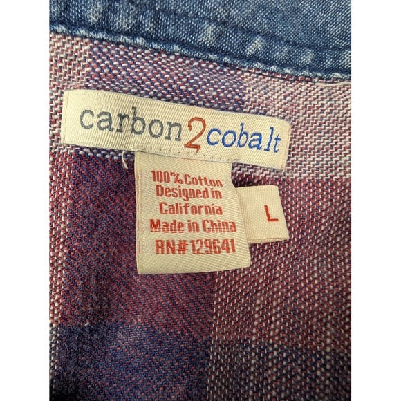 Carbon 2 Cobalt Shirt Men's L Button Up Blue Red Plaid Short Sleeve Denim Collar - Picture 4 of 8
